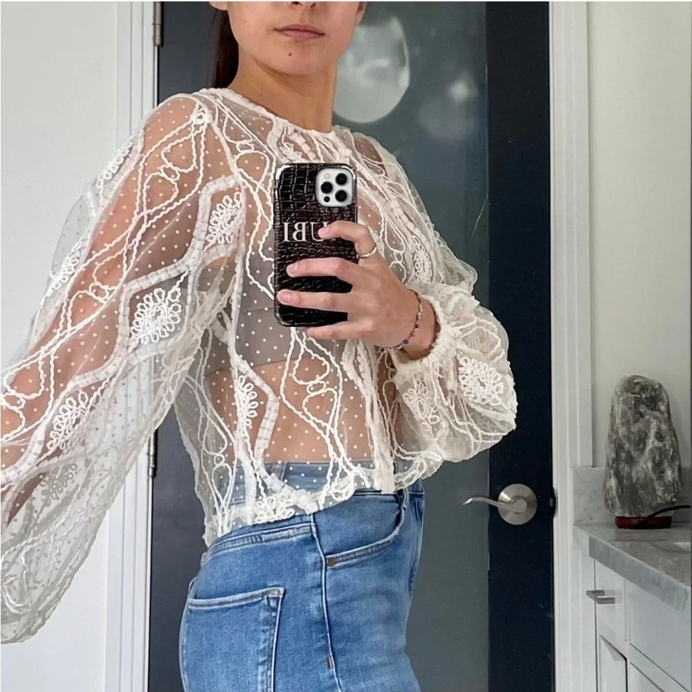 Zara white sheer lace boho long sleeve top, size Small